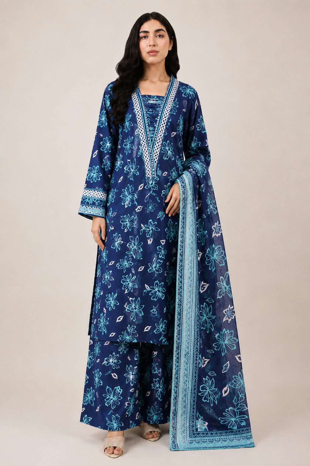 3 Piece Printed Lawn Suit for Women – Navy Blue Floral Design
